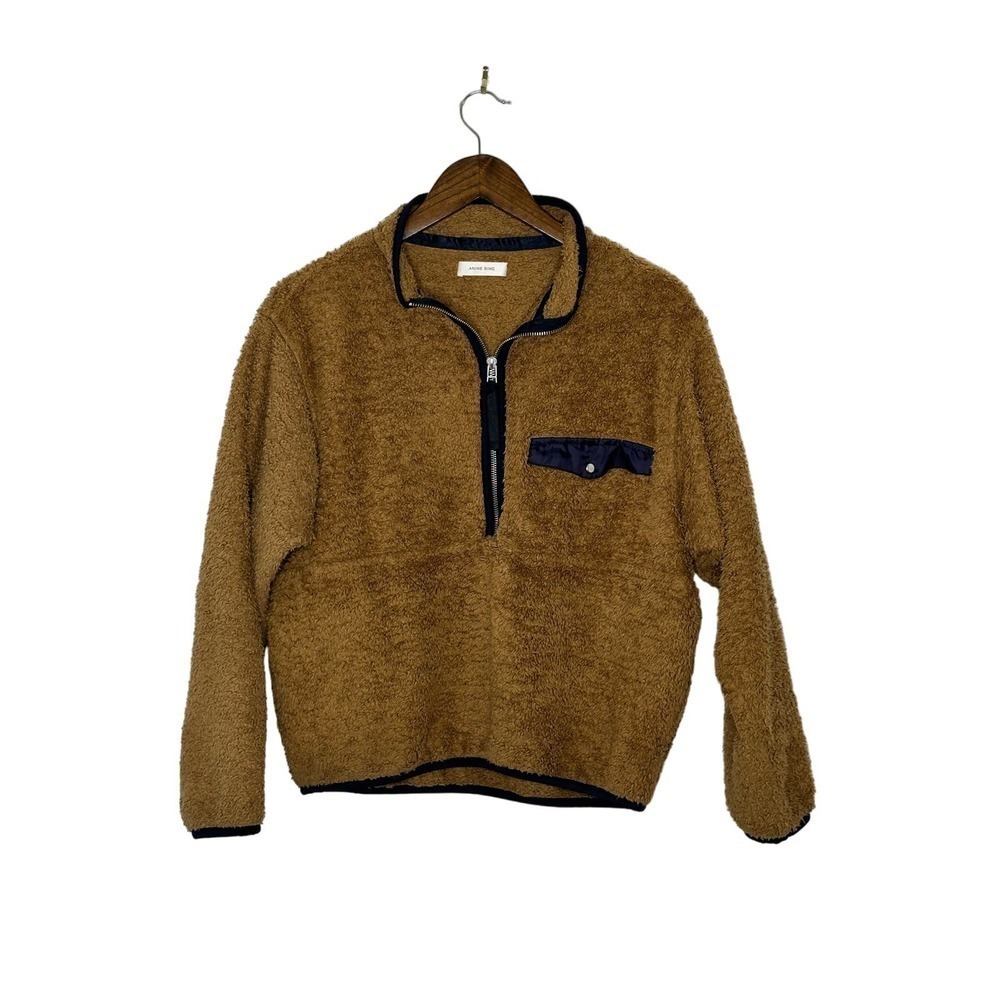 Anine Bing Size M Sierra Teddy Sherpa Half-Zip Pullover in Brown/Navy Blue